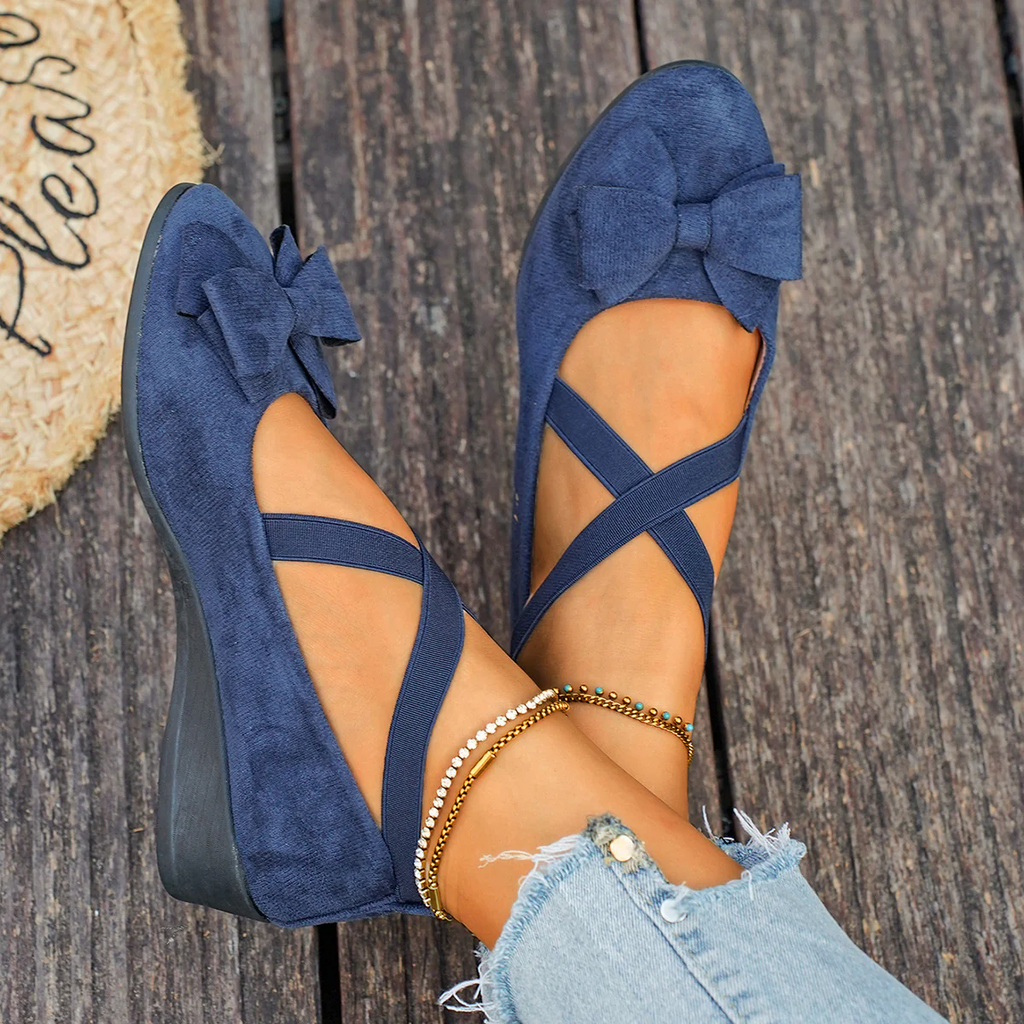 Women¡¯s Elara Bow Suede Wedge Loafers ¨C Elastic Cross-Strap Comfort Slip-Ons