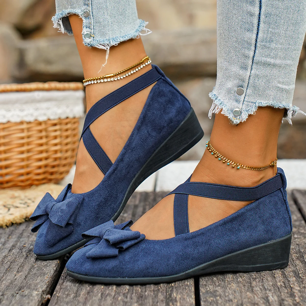 Women¡¯s Elara Bow Suede Wedge Loafers ¨C Elastic Cross-Strap Comfort Slip-Ons
