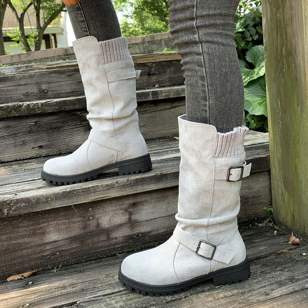 Women¡¯s RanchWrap Buckle Mid-Calf Suede Boots ¨C Knit Cuff Western-Style Slouchy Shoes