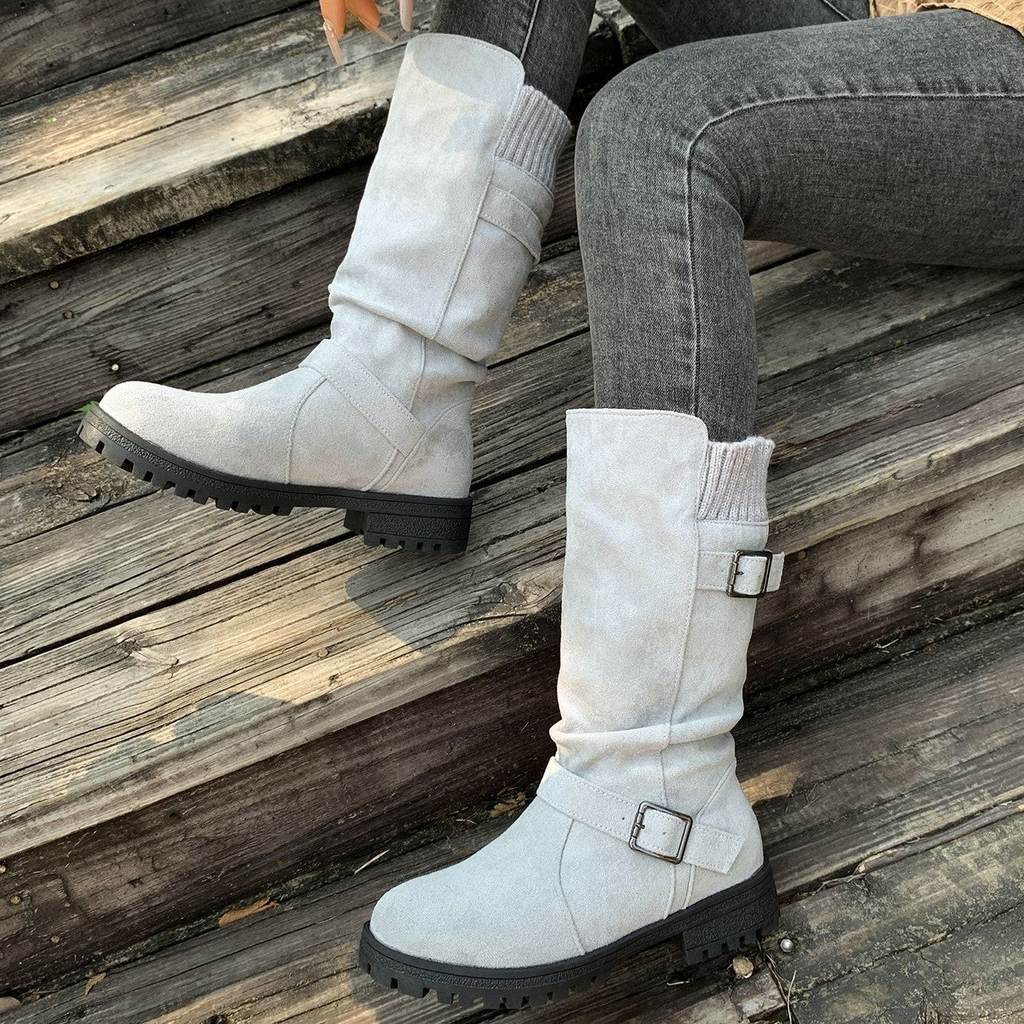 Women¡¯s RanchWrap Buckle Mid-Calf Suede Boots ¨C Knit Cuff Western-Style Slouchy Shoes