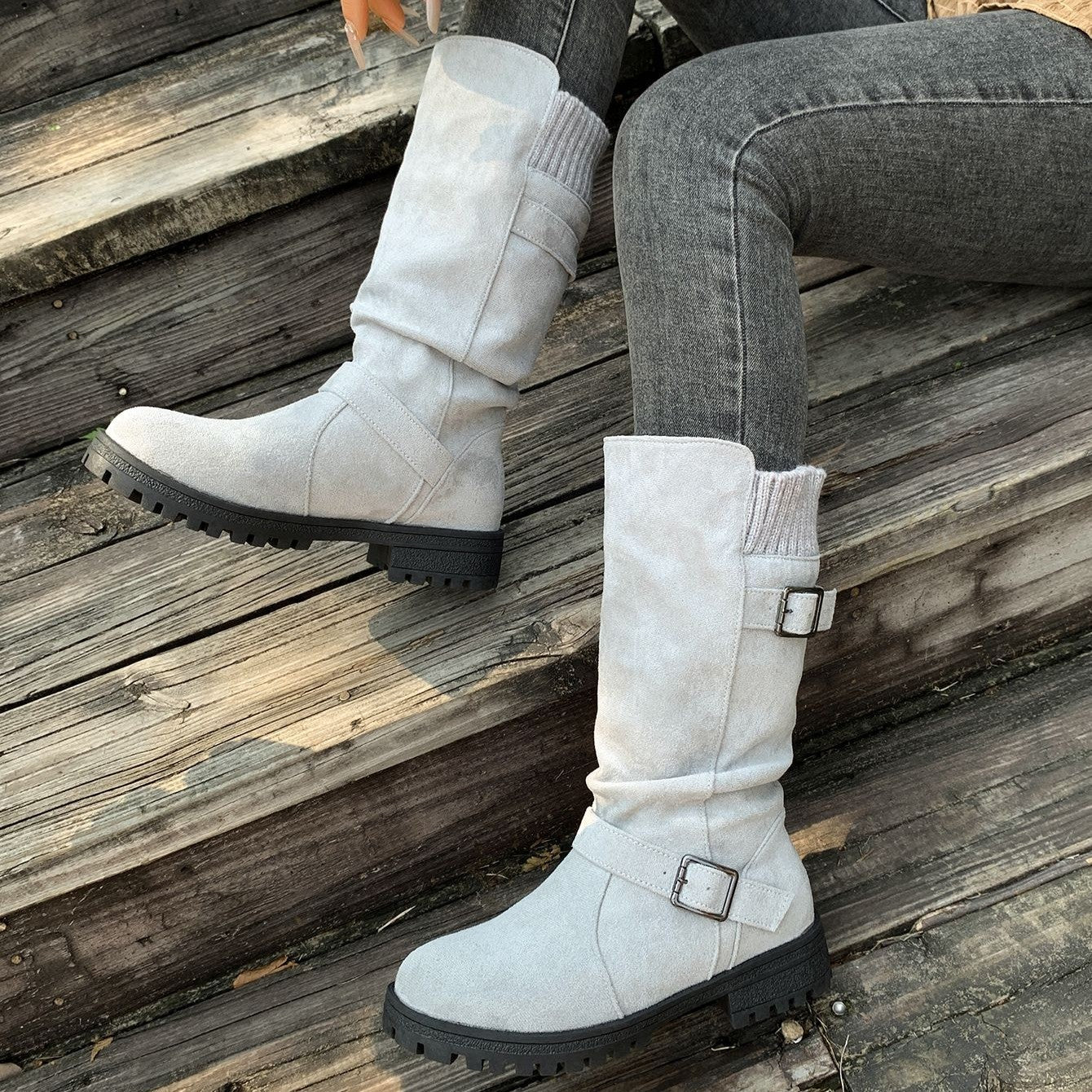 Women¡¯s RanchWrap Buckle Mid-Calf Suede Boots ¨C Knit Cuff Western-Style Slouchy Shoes