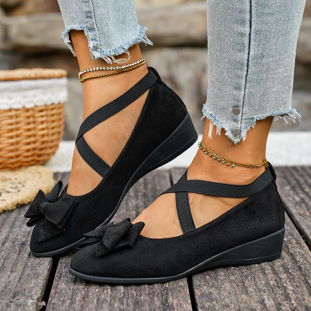 Women¡¯s Elara Bow Suede Wedge Loafers ¨C Elastic Cross-Strap Comfort Slip-Ons