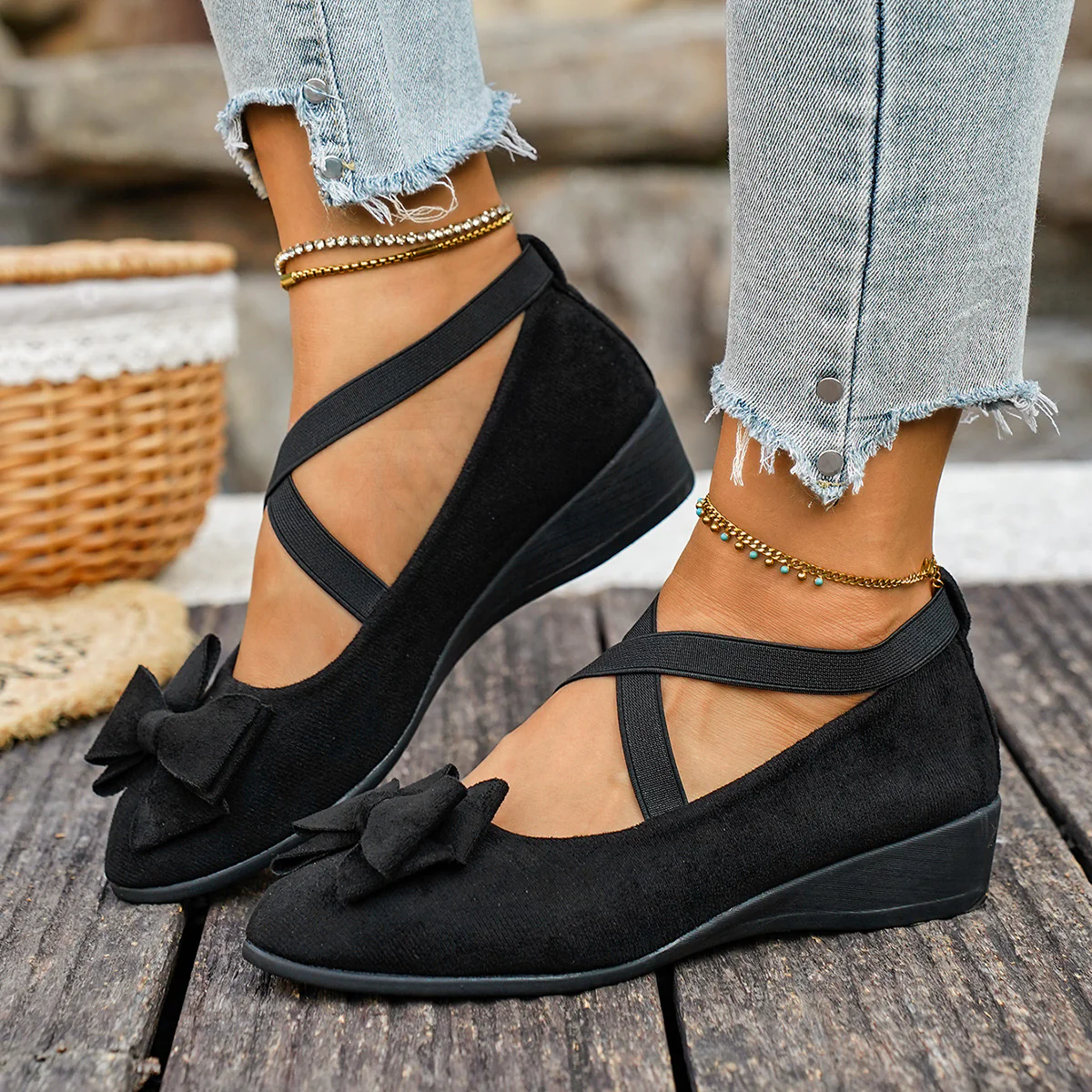 Women¡¯s Elara Bow Suede Wedge Loafers ¨C Elastic Cross-Strap Comfort Slip-Ons