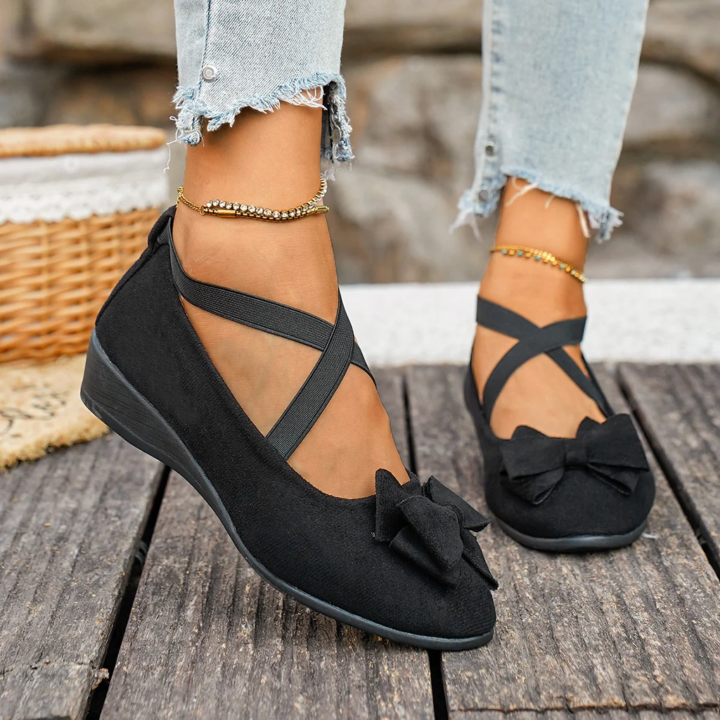 Women¡¯s Elara Bow Suede Wedge Loafers ¨C Elastic Cross-Strap Comfort Slip-Ons