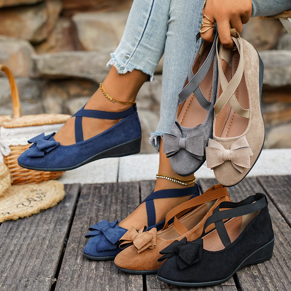 Women¡¯s Elara Bow Suede Wedge Loafers ¨C Elastic Cross-Strap Comfort Slip-Ons