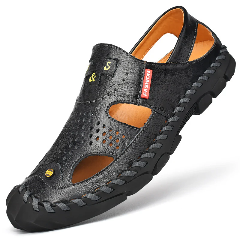 Flow Men¡¯s Genuine Leather Summer Clogs ¨C Breathable Closed-Toe Soft Sole Casual Beach Sandals