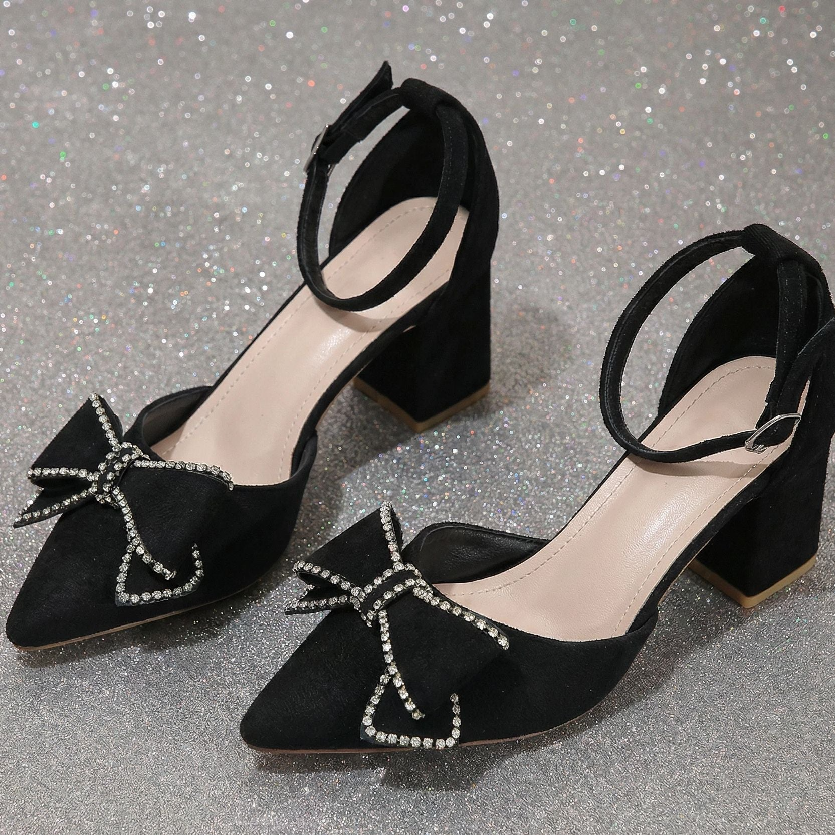 Women¡¯s Bowelle Crystal Pointed Toe Buckle Heels ¨C Hollow Closed Toe Bow High Heels