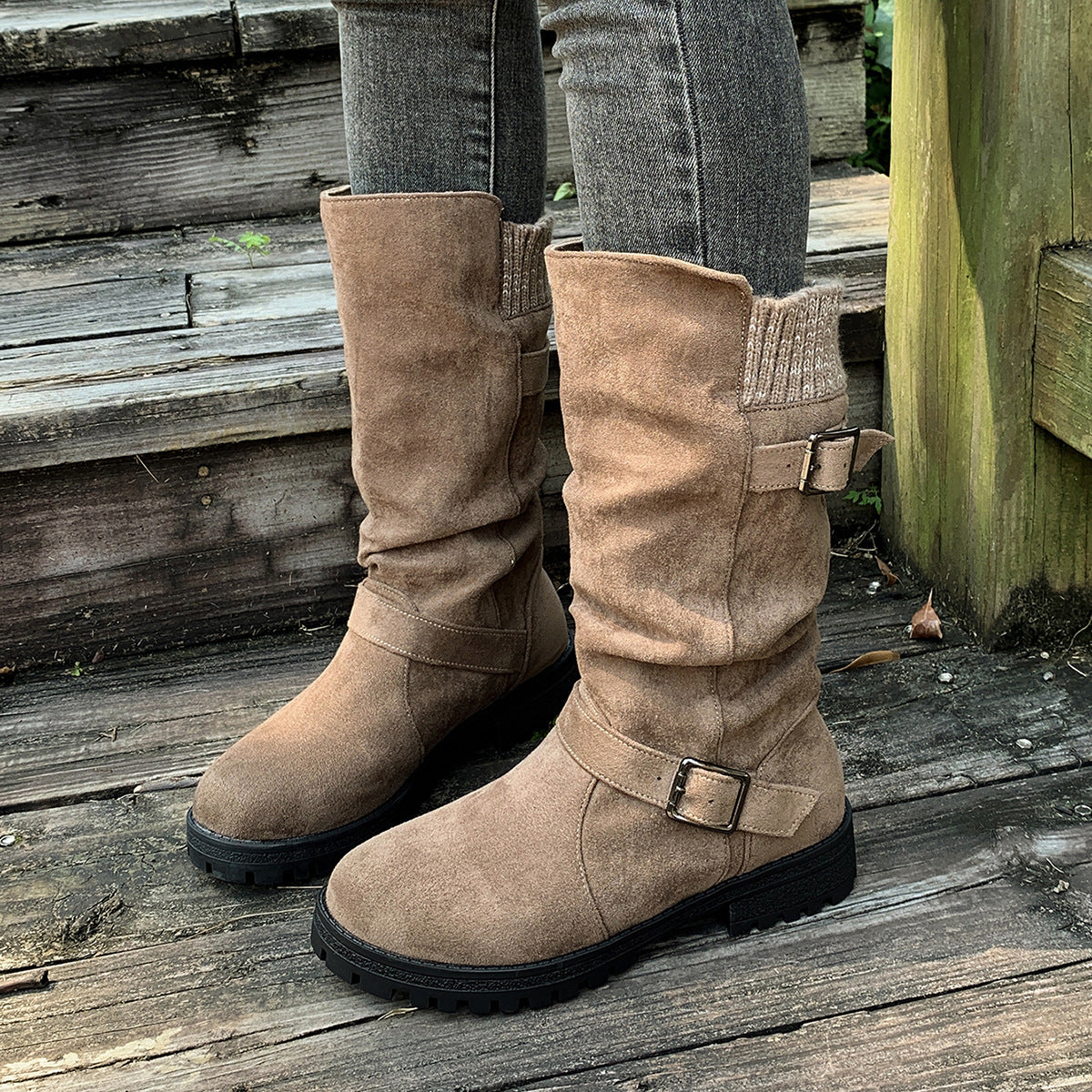 Women¡¯s RanchWrap Buckle Mid-Calf Suede Boots ¨C Knit Cuff Western-Style Slouchy Shoes