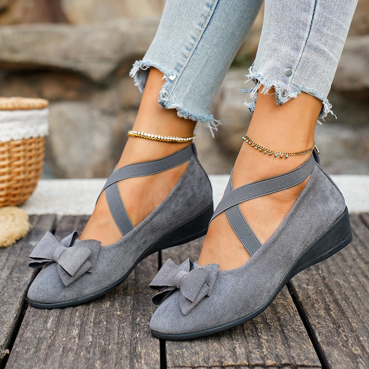 Women¡¯s Elara Bow Suede Wedge Loafers ¨C Elastic Cross-Strap Comfort Slip-Ons