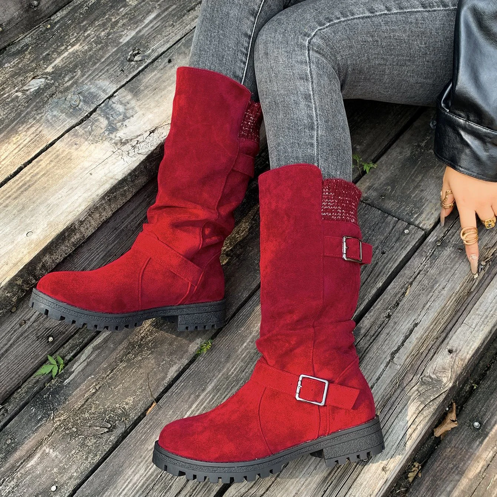 Women¡¯s RanchWrap Buckle Mid-Calf Suede Boots ¨C Knit Cuff Western-Style Slouchy Shoes