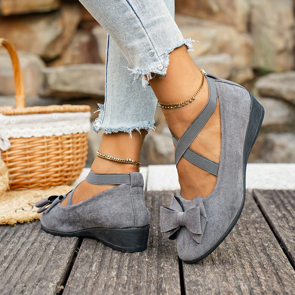 Women¡¯s Elara Bow Suede Wedge Loafers ¨C Elastic Cross-Strap Comfort Slip-Ons