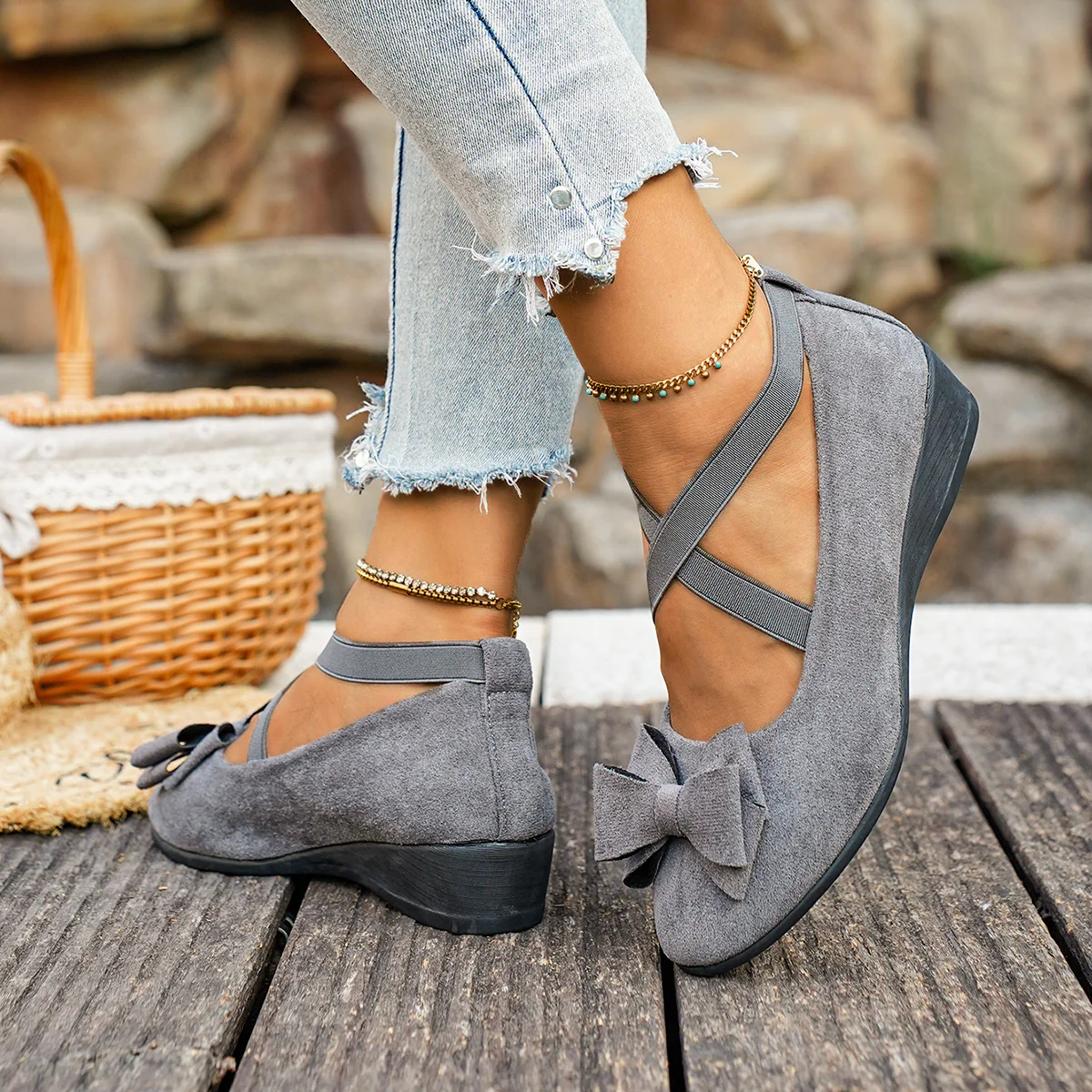 Women¡¯s Elara Bow Suede Wedge Loafers ¨C Elastic Cross-Strap Comfort Slip-Ons