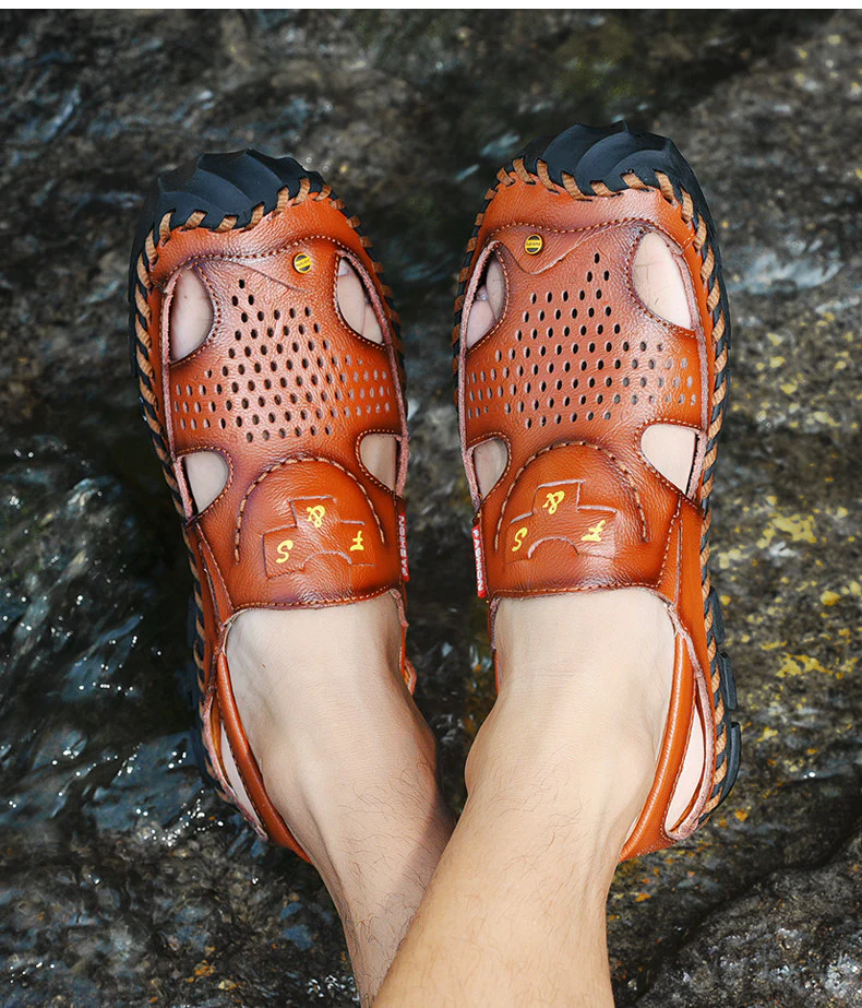 Flow Men¡¯s Genuine Leather Summer Clogs ¨C Breathable Closed-Toe Soft Sole Casual Beach Sandals