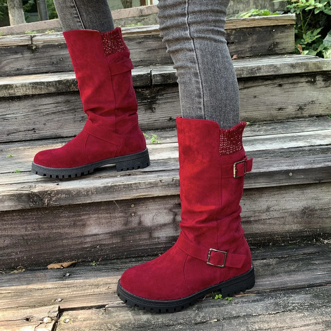 Women¡¯s RanchWrap Buckle Mid-Calf Suede Boots ¨C Knit Cuff Western-Style Slouchy Shoes