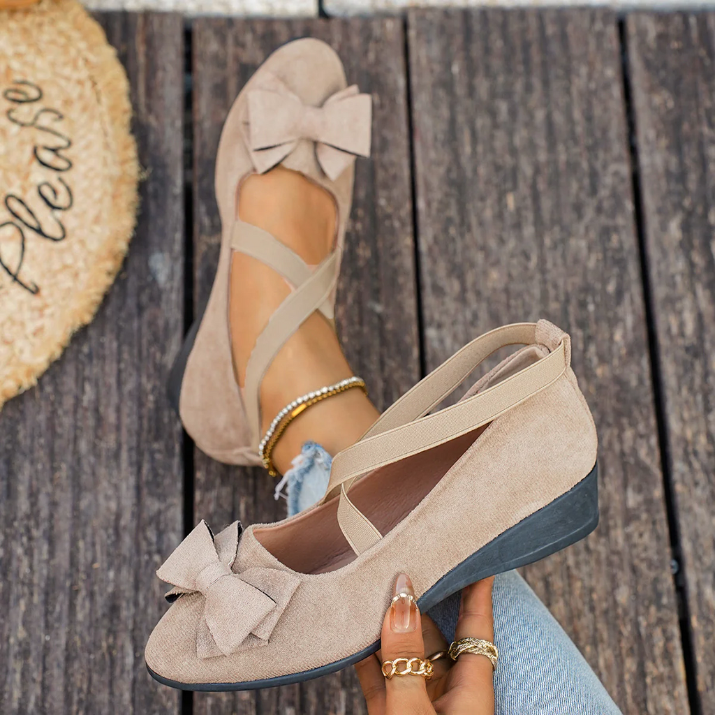 Women¡¯s Elara Bow Suede Wedge Loafers ¨C Elastic Cross-Strap Comfort Slip-Ons
