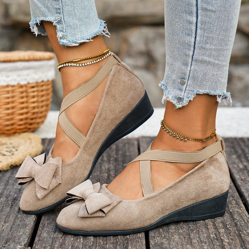 Women¡¯s Elara Bow Suede Wedge Loafers ¨C Elastic Cross-Strap Comfort Slip-Ons