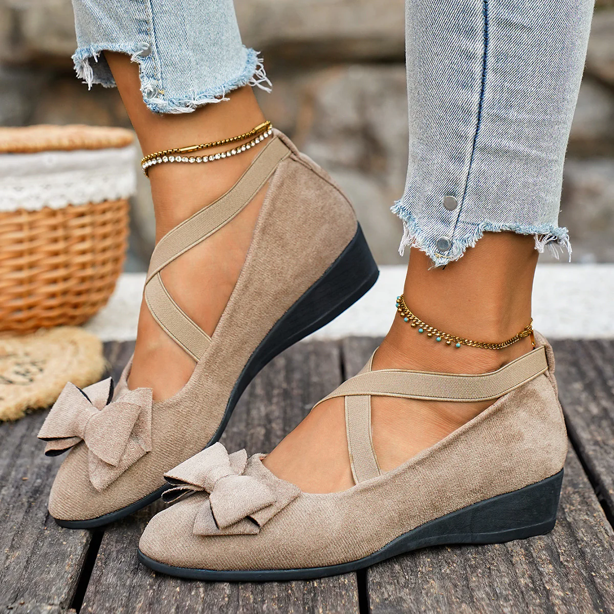 Women¡¯s Elara Bow Suede Wedge Loafers ¨C Elastic Cross-Strap Comfort Slip-Ons