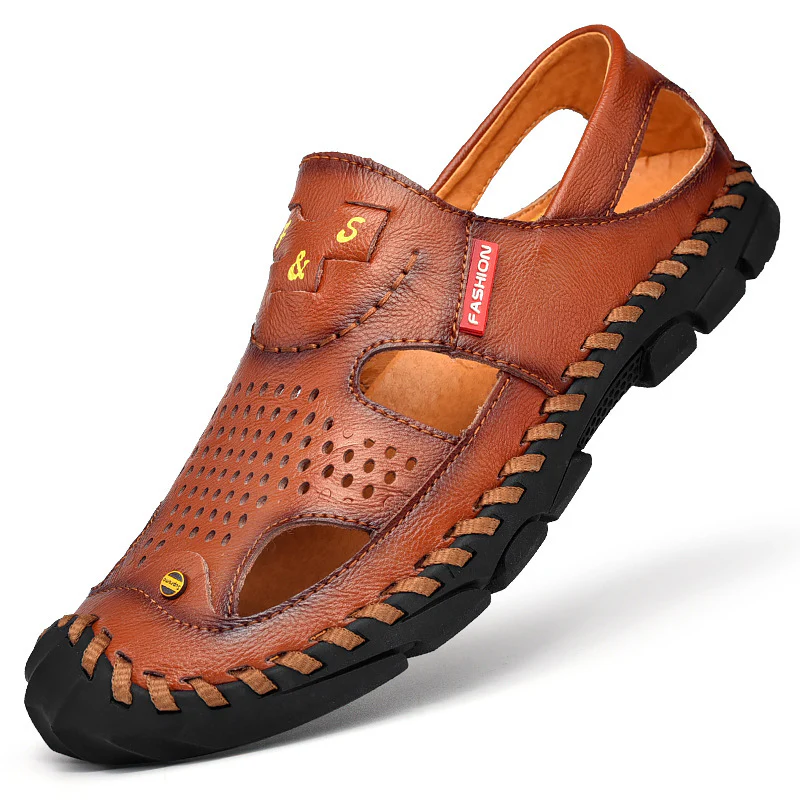 Flow Men¡¯s Genuine Leather Summer Clogs ¨C Breathable Closed-Toe Soft Sole Casual Beach Sandals