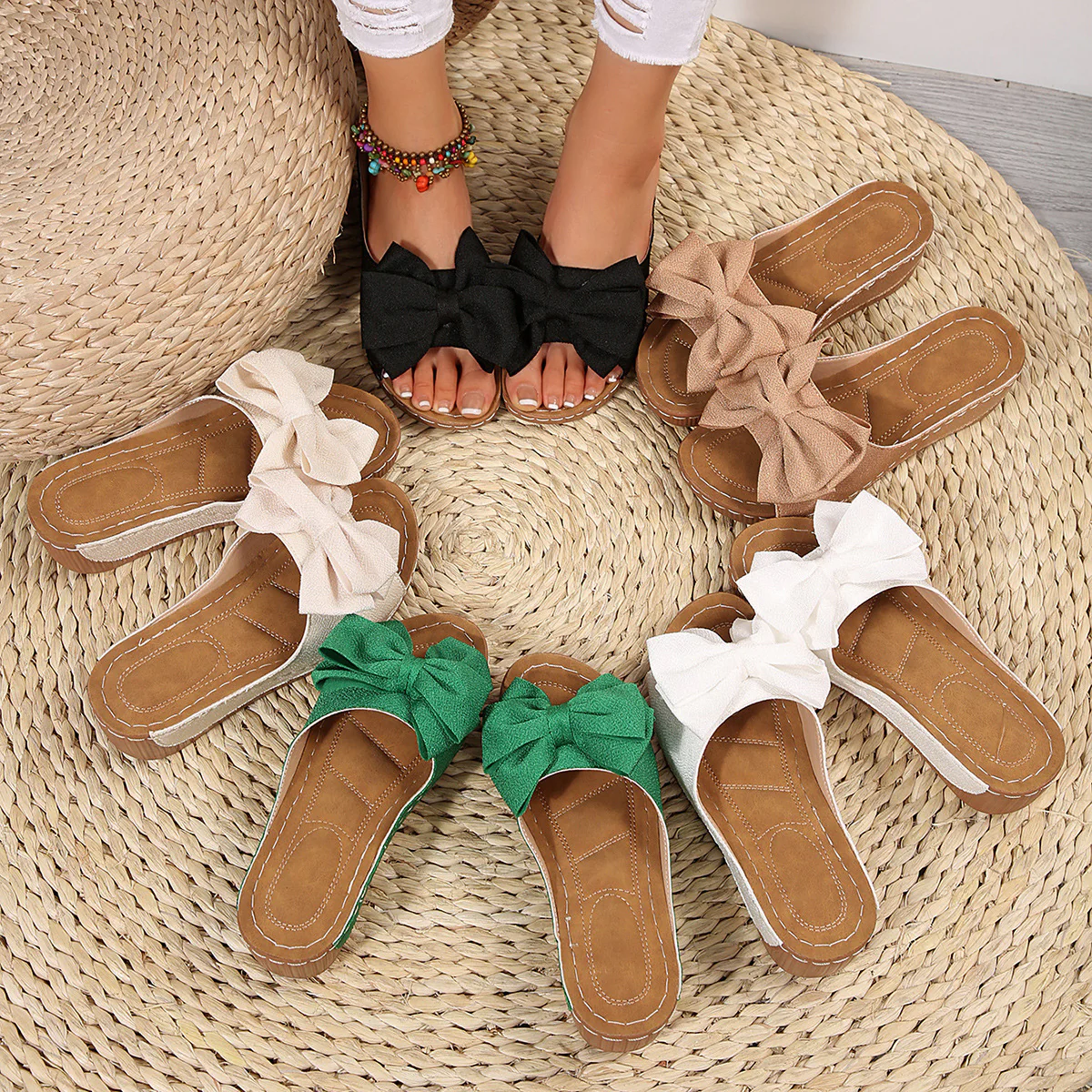 Women¡¯s Liora Bow Flower Platform Wedge Slide Sandals ¨C Peep-Toe Wide Strap Summer Slides