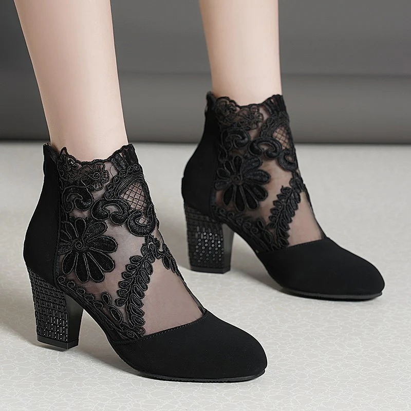 Women's Filigree Lace Heeled Sandal - Architectural Cutout Mesh Stilettos with Cushion & Extended Sizes