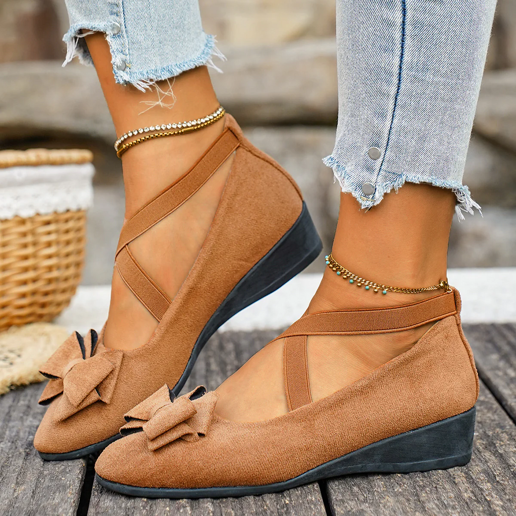 Women¡¯s Elara Bow Suede Wedge Loafers ¨C Elastic Cross-Strap Comfort Slip-Ons