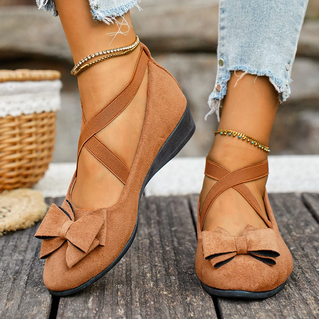 Women¡¯s Elara Bow Suede Wedge Loafers ¨C Elastic Cross-Strap Comfort Slip-Ons