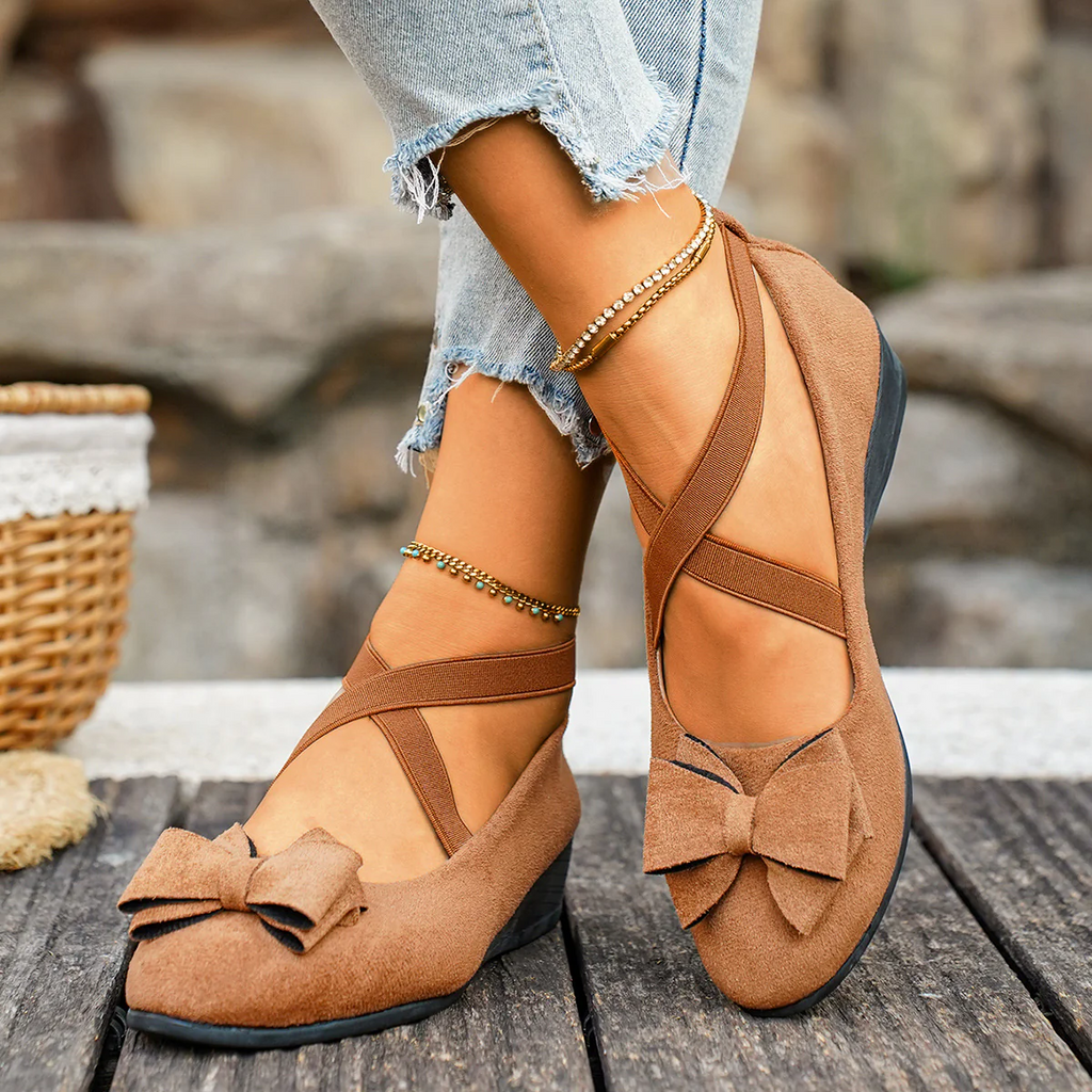 Women¡¯s Elara Bow Suede Wedge Loafers ¨C Elastic Cross-Strap Comfort Slip-Ons