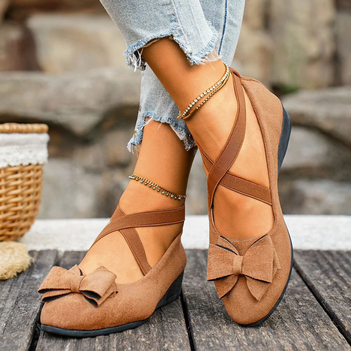 Women¡¯s Elara Bow Suede Wedge Loafers ¨C Elastic Cross-Strap Comfort Slip-Ons