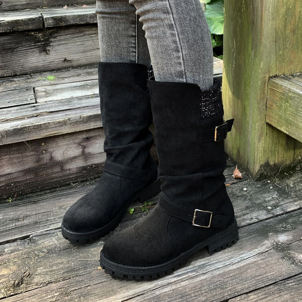 Women¡¯s RanchWrap Buckle Mid-Calf Suede Boots ¨C Knit Cuff Western-Style Slouchy Shoes