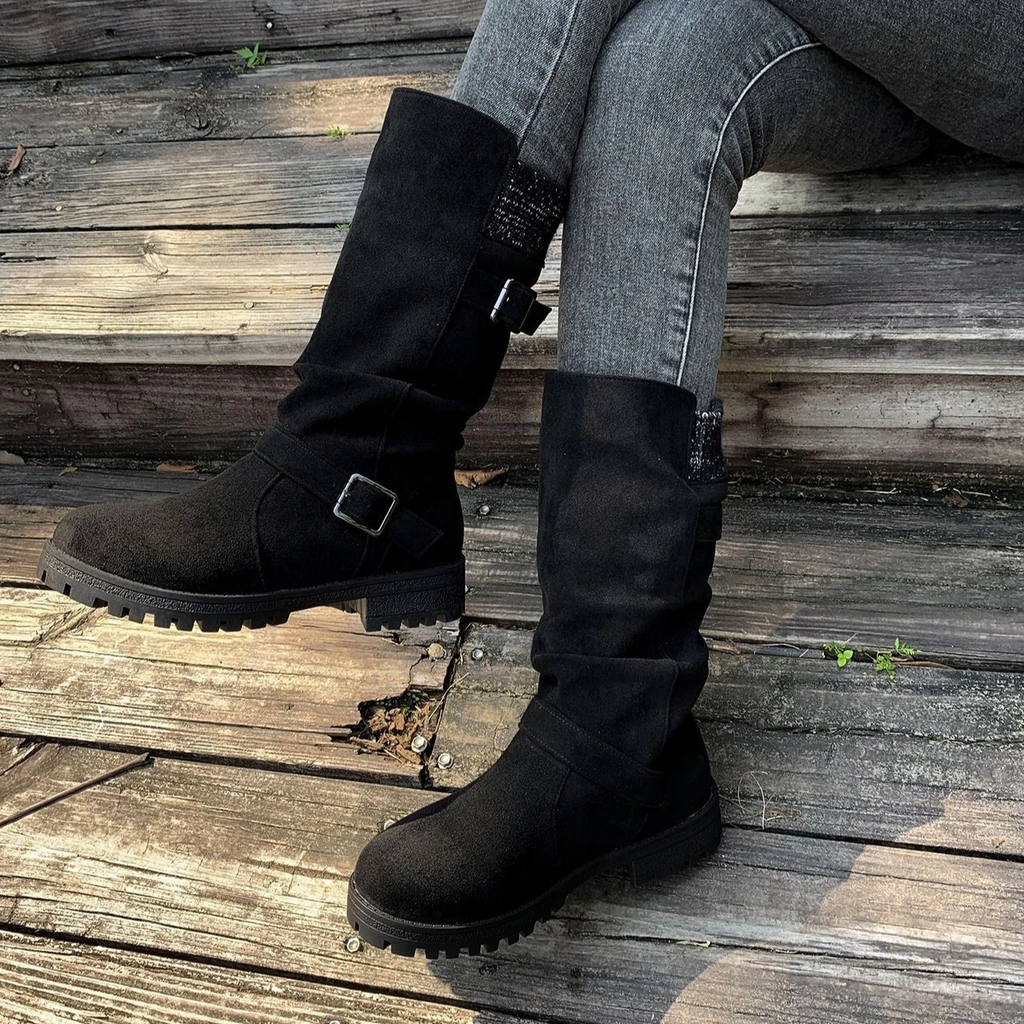 Women¡¯s RanchWrap Buckle Mid-Calf Suede Boots ¨C Knit Cuff Western-Style Slouchy Shoes