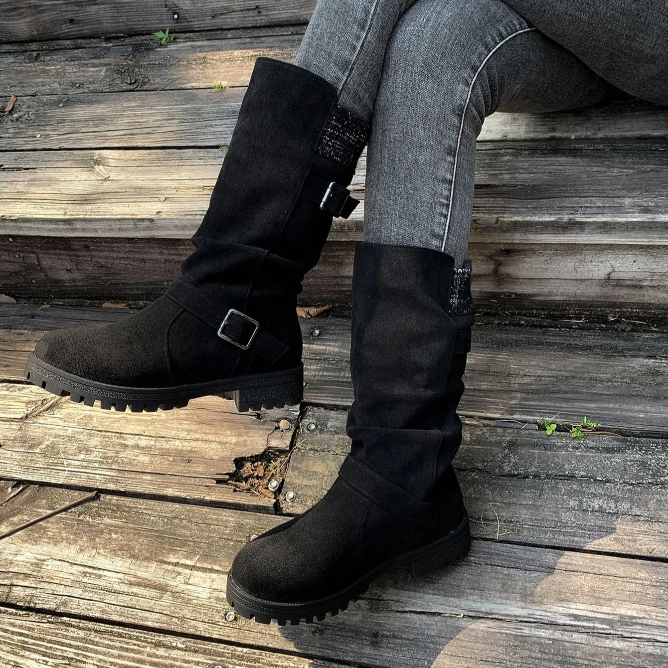 Women¡¯s RanchWrap Buckle Mid-Calf Suede Boots ¨C Knit Cuff Western-Style Slouchy Shoes