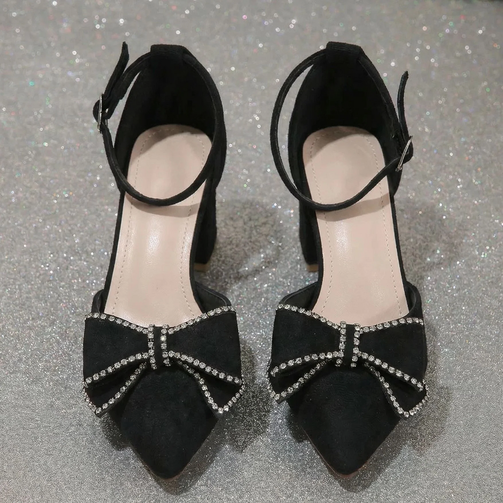 Women¡¯s Bowelle Crystal Pointed Toe Buckle Heels ¨C Hollow Closed Toe Bow High Heels