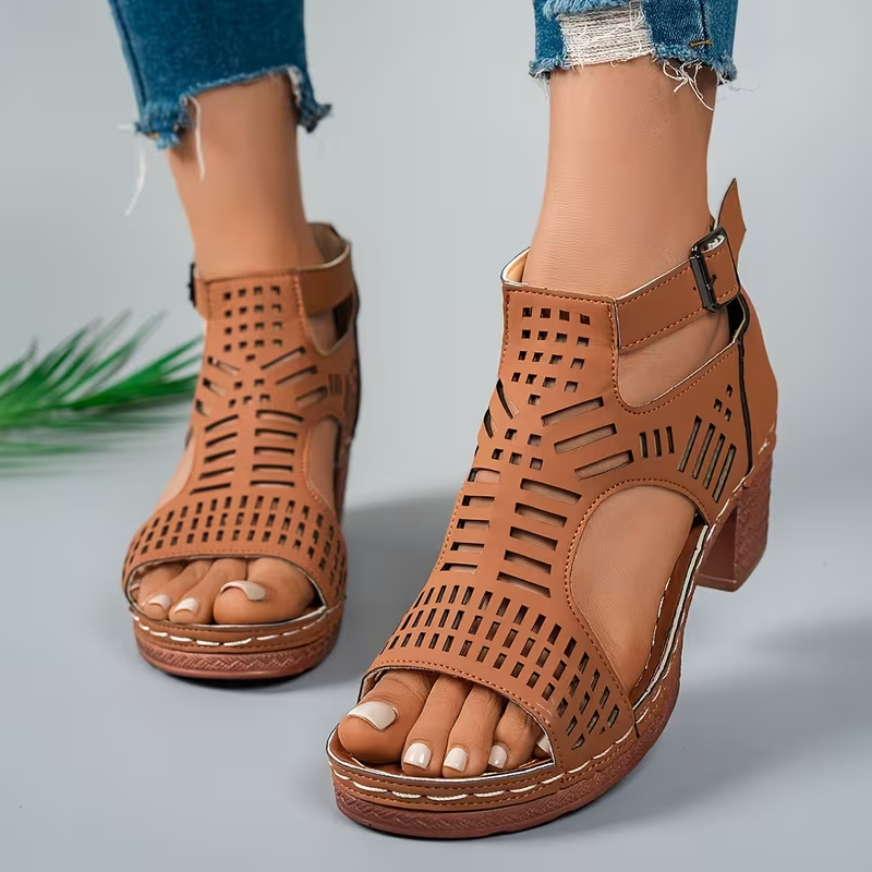 Women¡¯s Cove Buckle Peep-Toe Heels ¨C Cutout Chunky High Heel Sandals