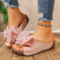 Women¡¯s Liora Bow Flower Platform Wedge Slide Sandals ¨C Peep-Toe Wide Strap Summer Slides