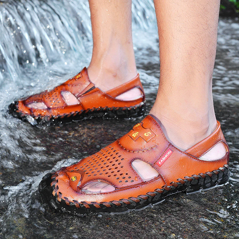 Flow Men¡¯s Genuine Leather Summer Clogs ¨C Breathable Closed-Toe Soft Sole Casual Beach Sandals