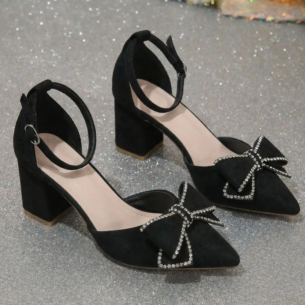 Women¡¯s Bowelle Crystal Pointed Toe Buckle Heels ¨C Hollow Closed Toe Bow High Heels