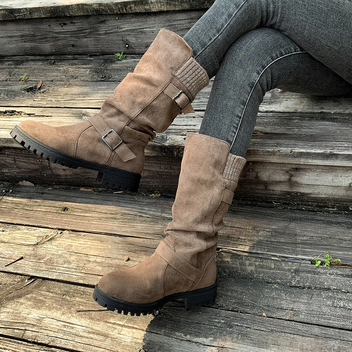 Women¡¯s RanchWrap Buckle Mid-Calf Suede Boots ¨C Knit Cuff Western-Style Slouchy Shoes
