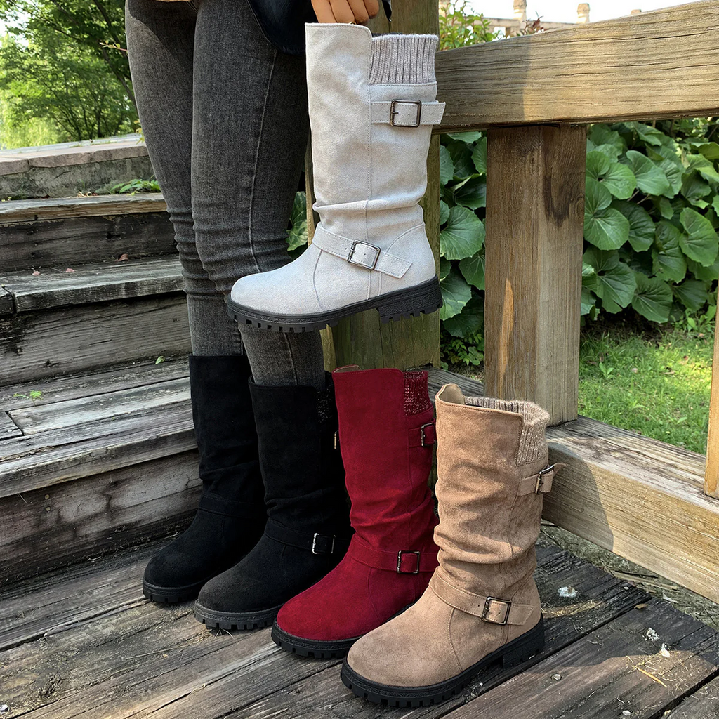 Women¡¯s RanchWrap Buckle Mid-Calf Suede Boots ¨C Knit Cuff Western-Style Slouchy Shoes