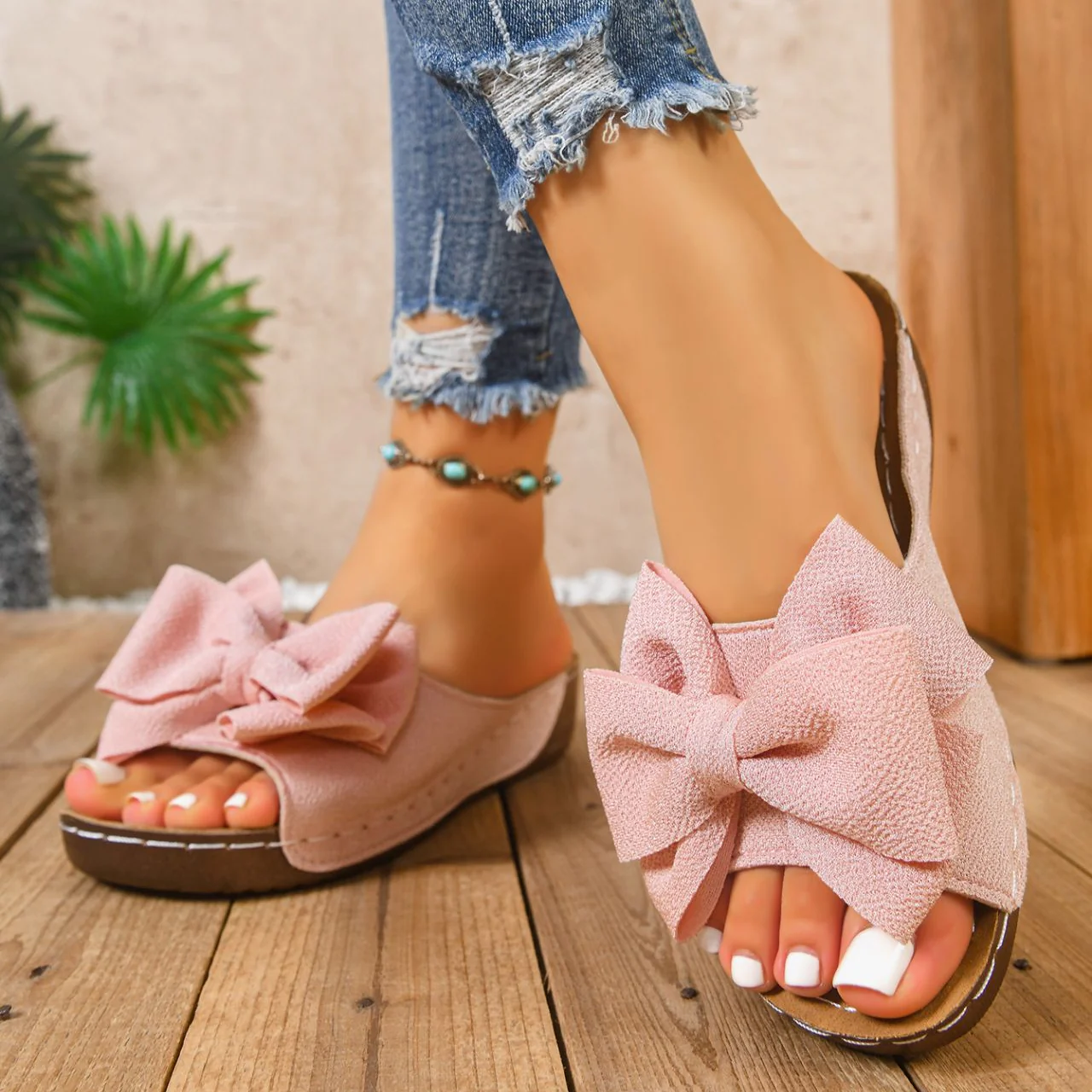 Women¡¯s Liora Bow Flower Platform Wedge Slide Sandals ¨C Peep-Toe Wide Strap Summer Slides