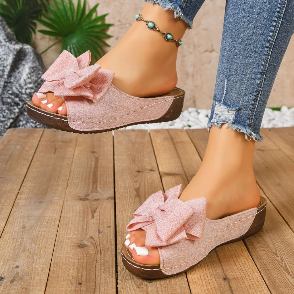 Women¡¯s Liora Bow Flower Platform Wedge Slide Sandals ¨C Peep-Toe Wide Strap Summer Slides