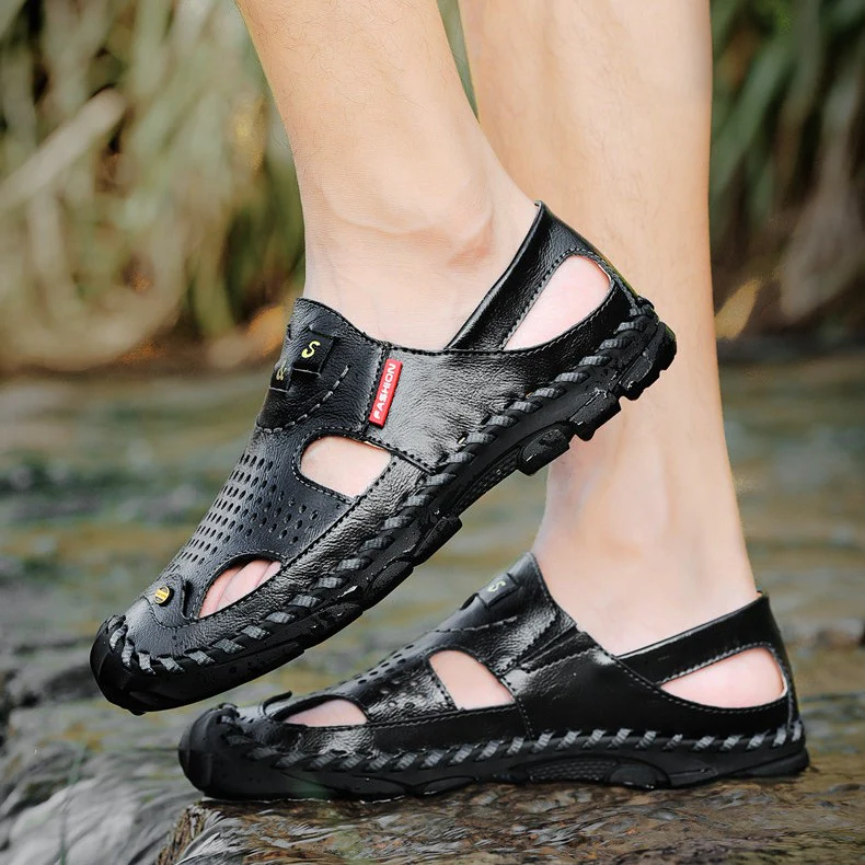 Flow Men¡¯s Genuine Leather Summer Clogs ¨C Breathable Closed-Toe Soft Sole Casual Beach Sandals