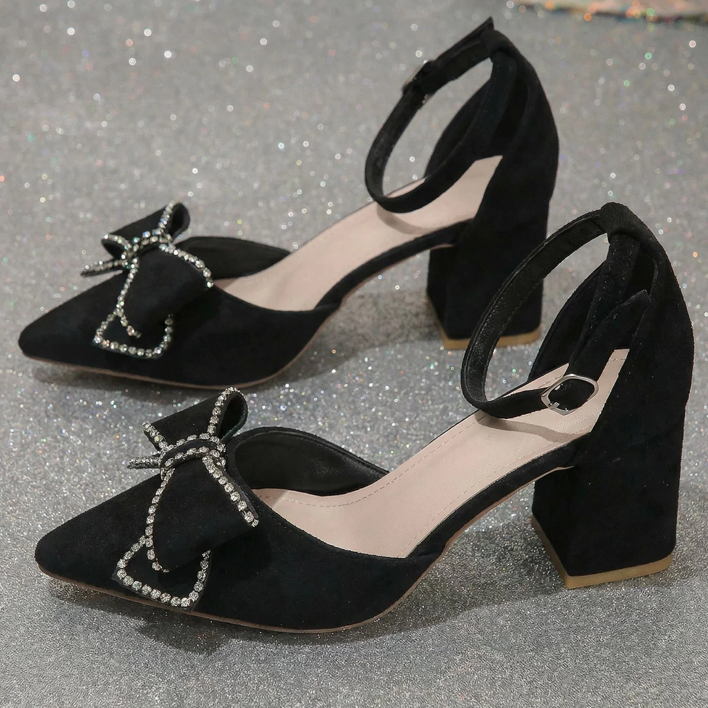 Women¡¯s Bowelle Crystal Pointed Toe Buckle Heels ¨C Hollow Closed Toe Bow High Heels