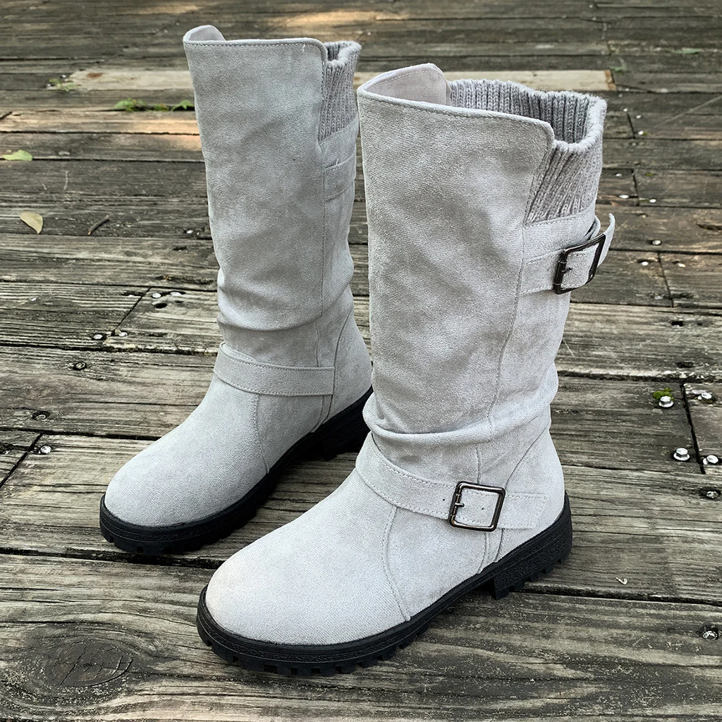 Women¡¯s RanchWrap Buckle Mid-Calf Suede Boots ¨C Knit Cuff Western-Style Slouchy Shoes
