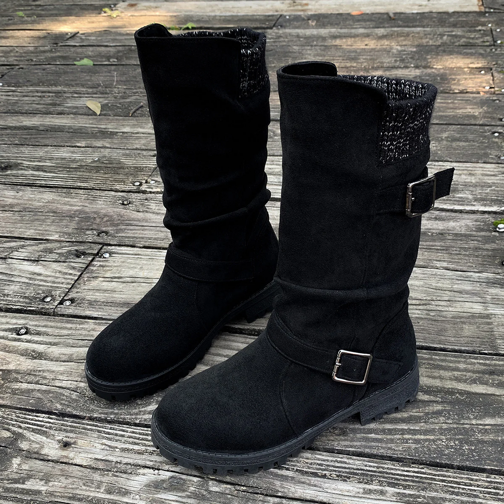 Women¡¯s RanchWrap Buckle Mid-Calf Suede Boots ¨C Knit Cuff Western-Style Slouchy Shoes