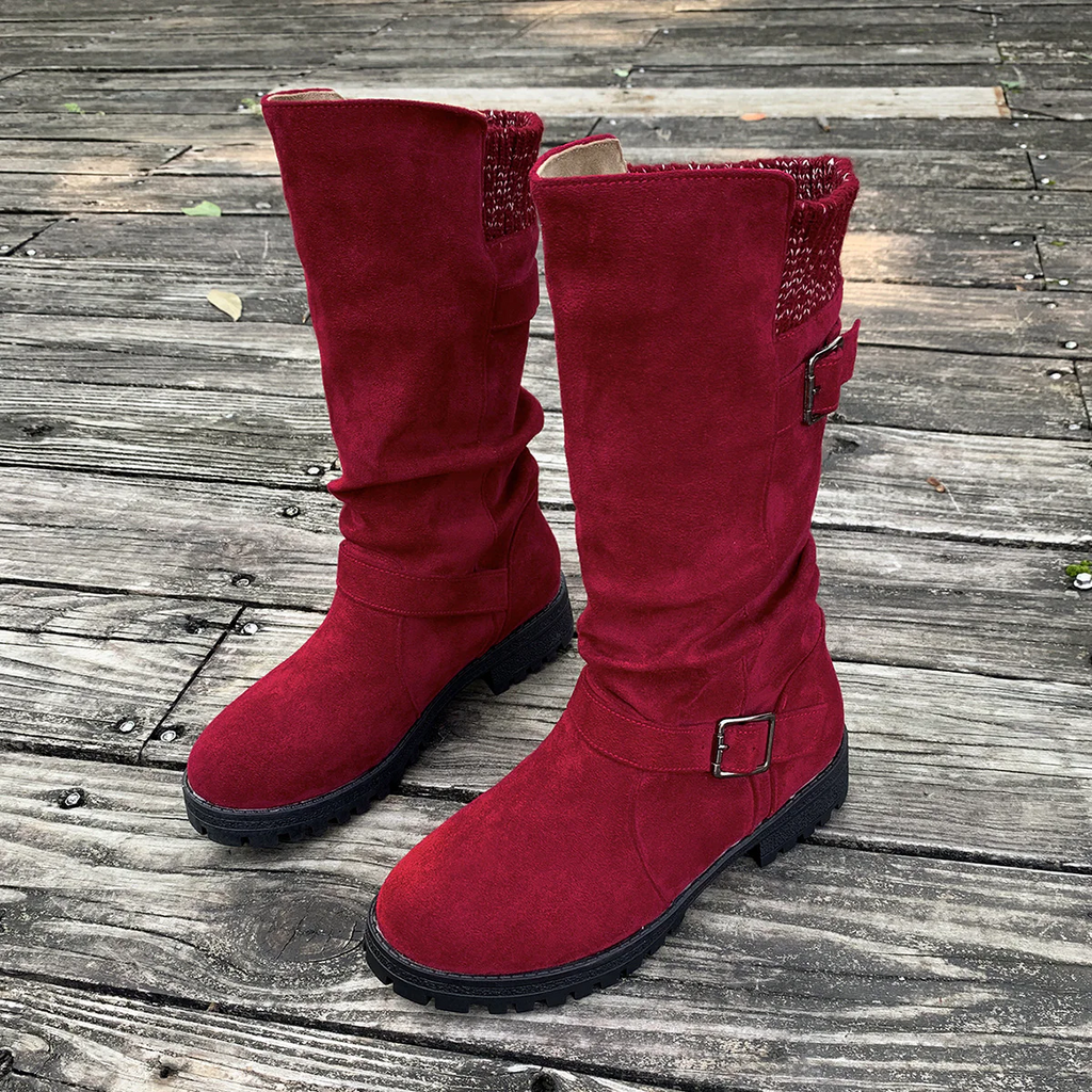 Women¡¯s RanchWrap Buckle Mid-Calf Suede Boots ¨C Knit Cuff Western-Style Slouchy Shoes