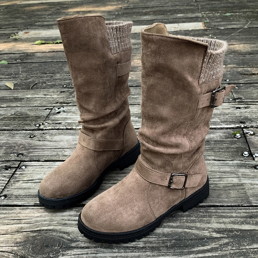 Women¡¯s RanchWrap Buckle Mid-Calf Suede Boots ¨C Knit Cuff Western-Style Slouchy Shoes