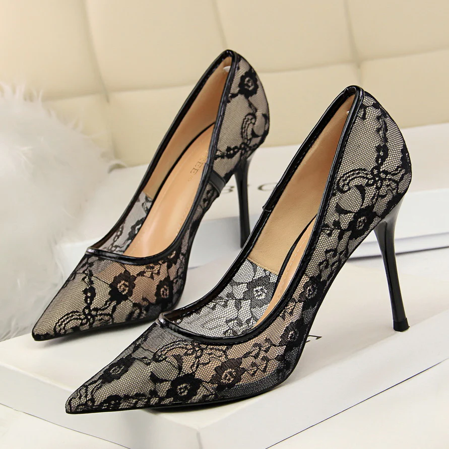 Women¡¯s Valeria Lace Mesh Stiletto Pumps ¨C Pointed-Toe Hollow Elegant Heels