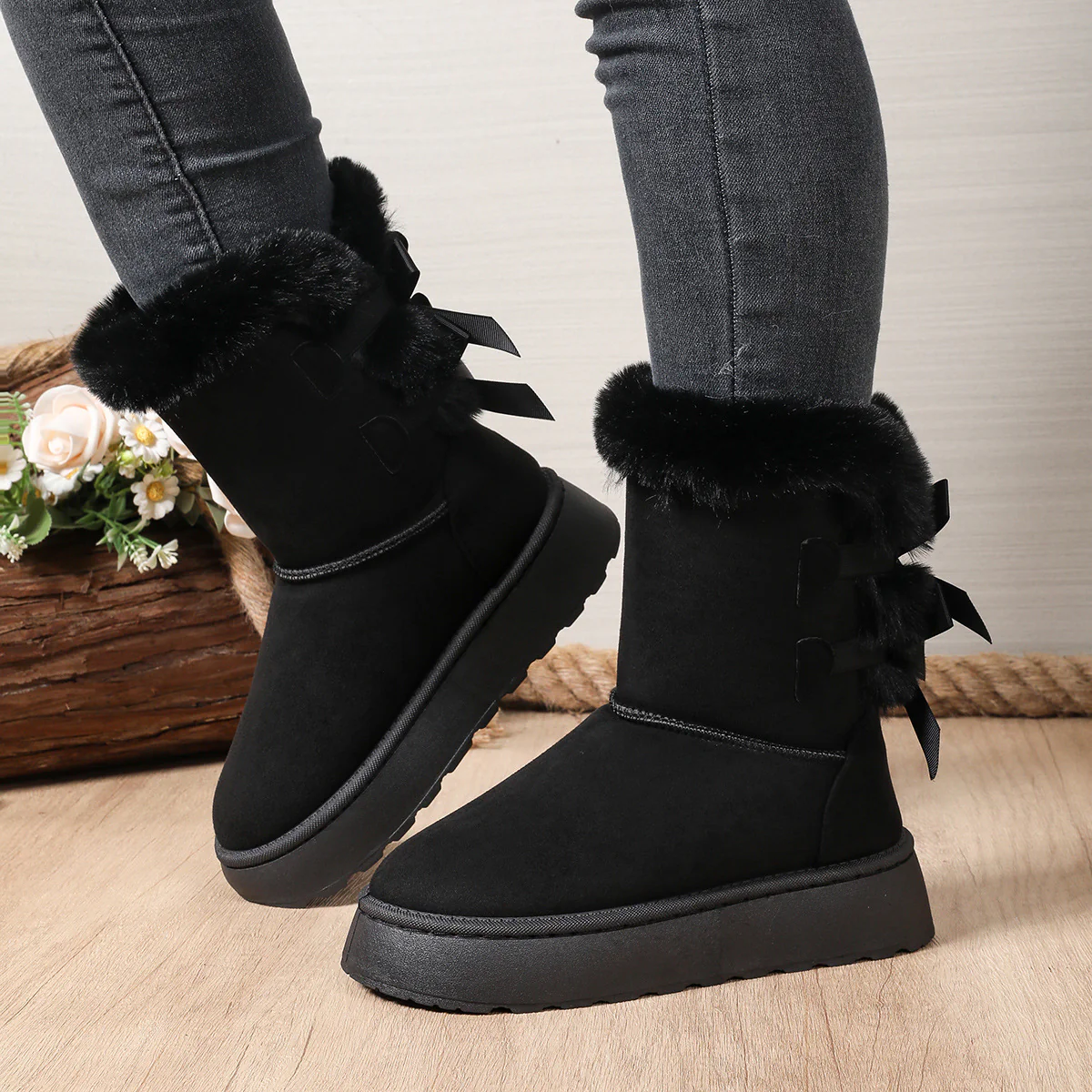 Women¡¯s CozyBow Short Snow Boots ¨C Fleece-Lined Warmth & Anti-Slip Platform