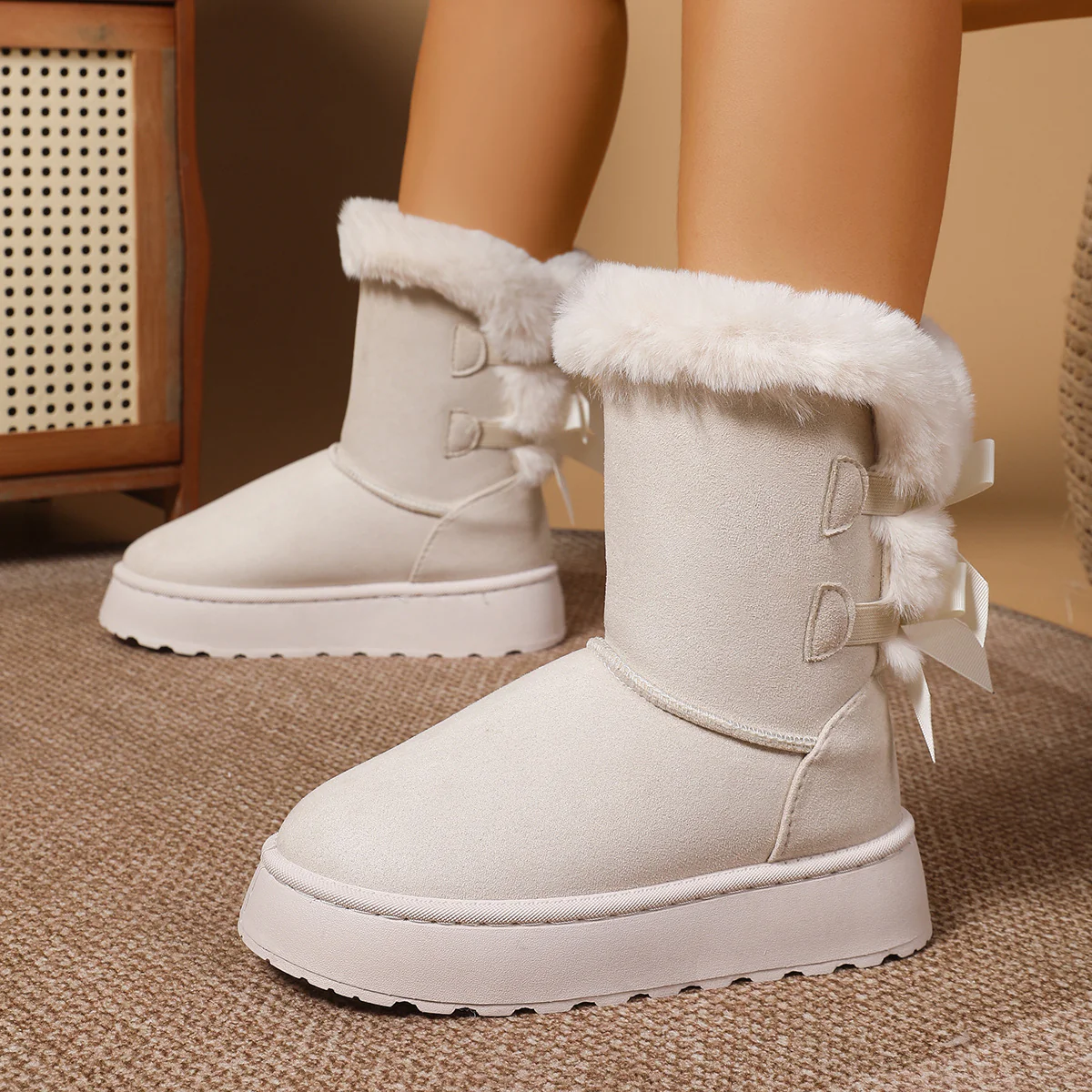 Women¡¯s CozyBow Short Snow Boots ¨C Fleece-Lined Warmth & Anti-Slip Platform