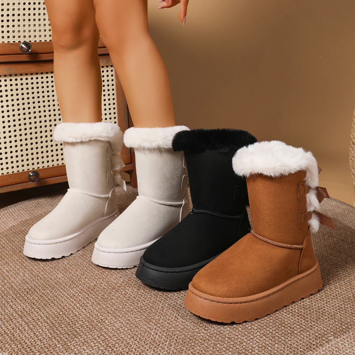Women¡¯s CozyBow Short Snow Boots ¨C Fleece-Lined Warmth & Anti-Slip Platform